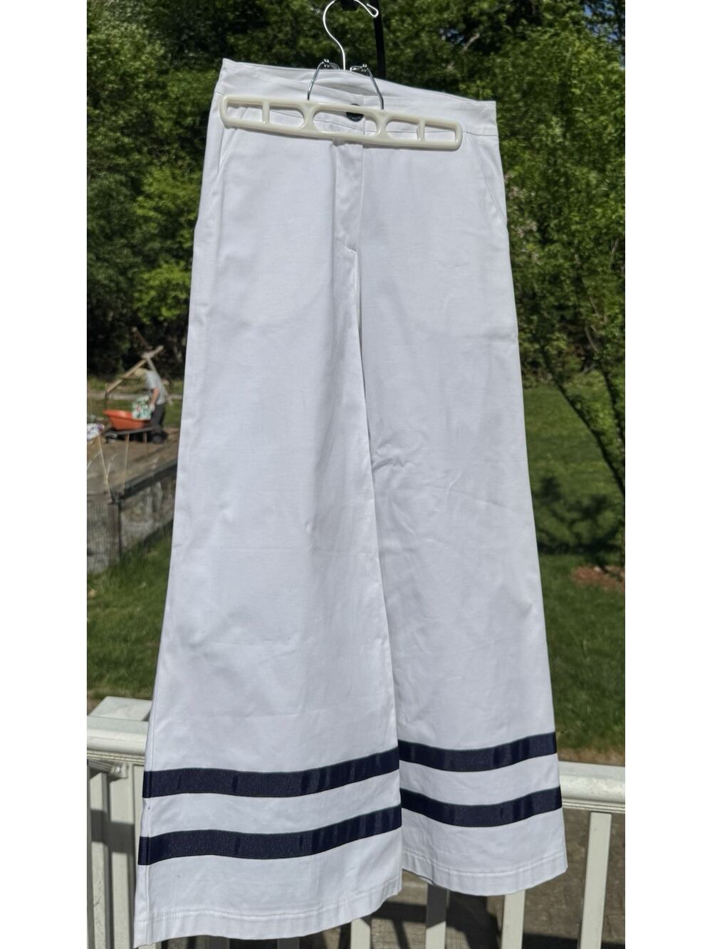 NWOT Maloka Wide-Leg Pants, White w Blue Ribbon Accent Sz 0 Nautical Coastal